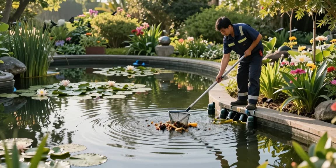 Pond Clean Essex expert removing debris from serene garden pond, maintaining ecological balance.