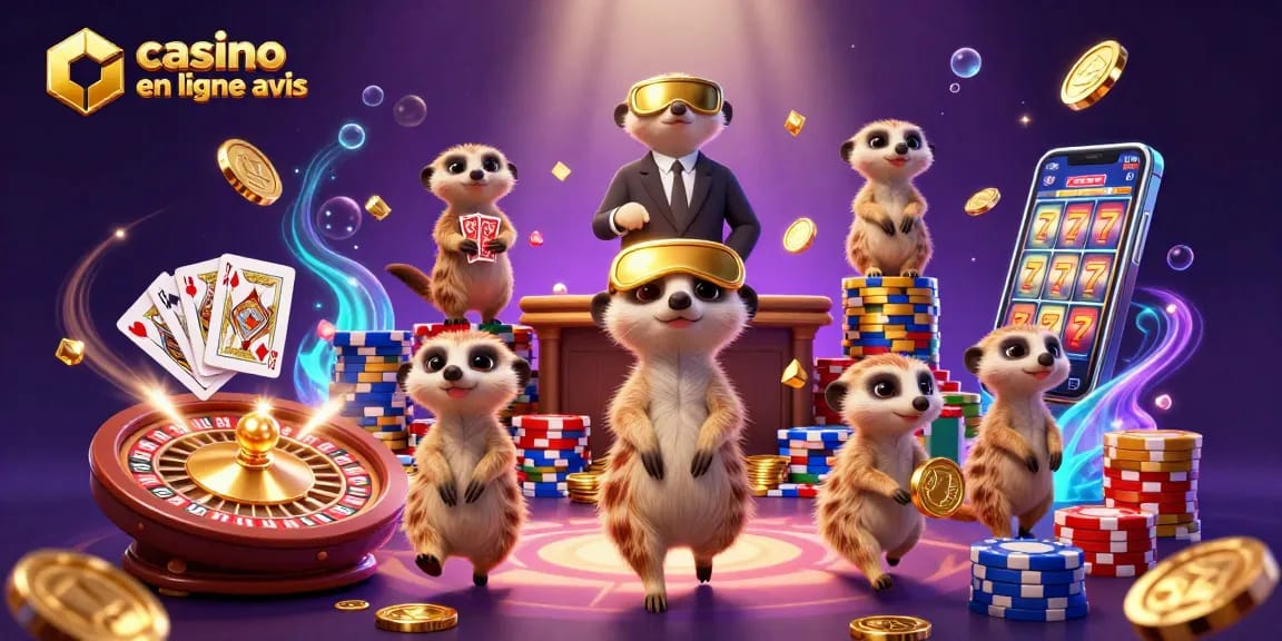 Les suricates gèrent un casino en ligne, révélant avis et opulence à travers des couleurs vives.
