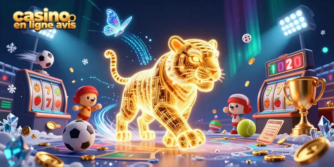 Visualisez un tigre doré en néon dans un casino digital, analysant des avis de casinos en ligne.
