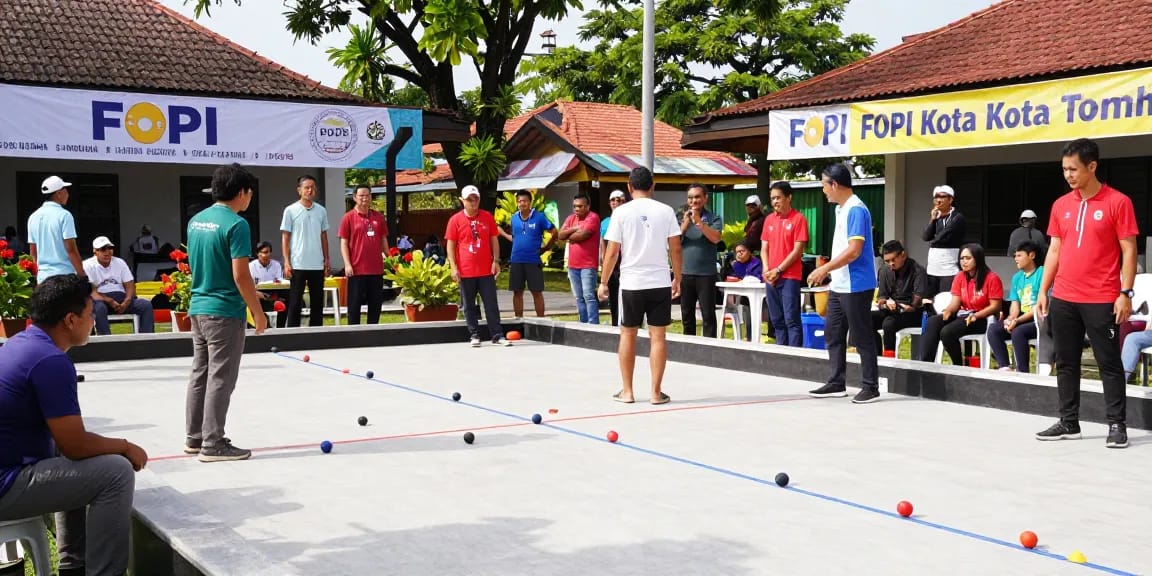 Acara olahraga petanque di fopikotatomohon.org dengan atlet beragam bersaing ramah di pusat komunitas.