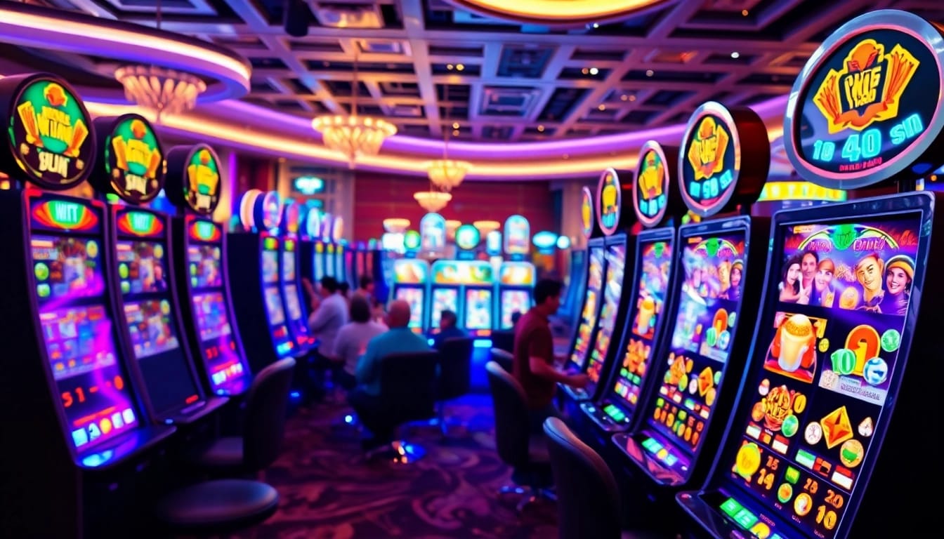 Menggambarkan suasana situs slot777 yang penuh warna dengan mesin slot yang bersinar.