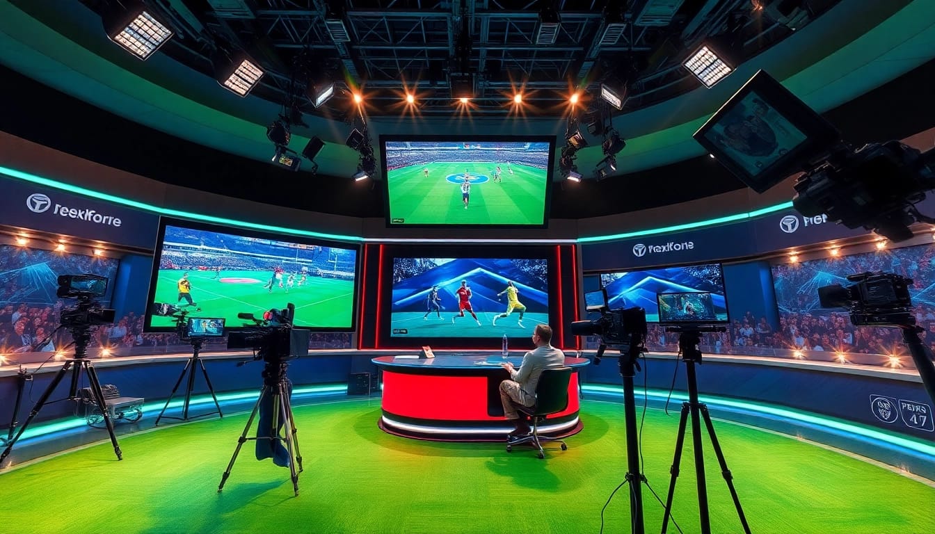 Sports Broadcasting studio setup with dynamic commentators and live feeds showcasing excitement.