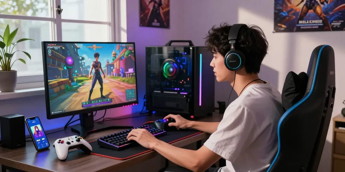 Immerse in HTML hentai games with a focused gamer at a vibrant setup showcasing dynamic graphics and engaging gameplay.