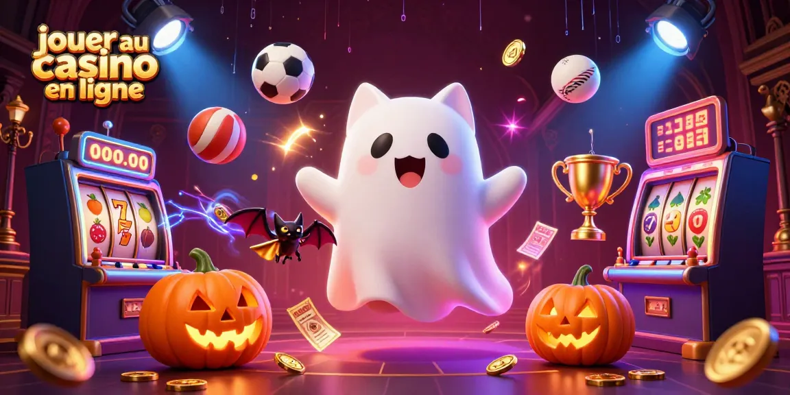Jouer au casino en ligne avec un chat fantôme amical flottant dans un manoir hanté entouré de jackpots et de lumières néon
