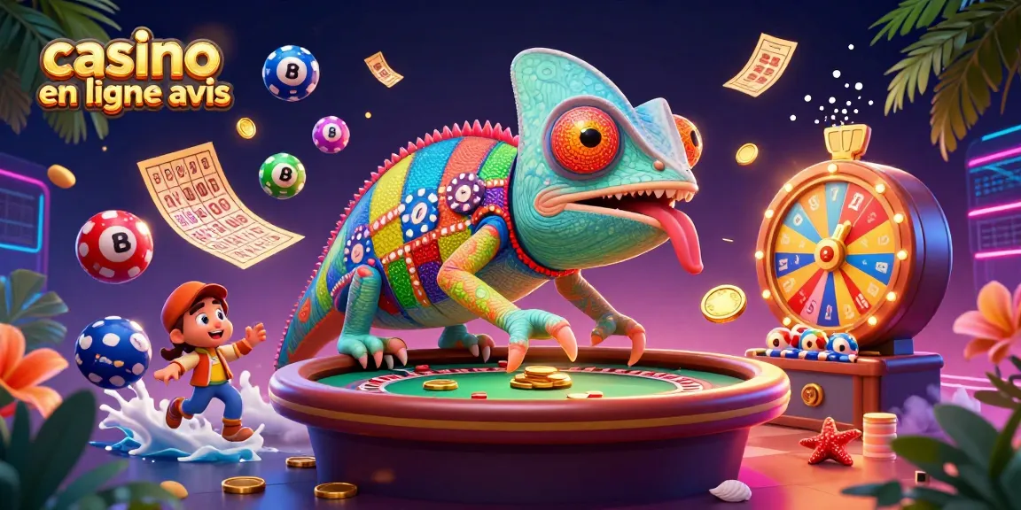 Un chameleon propriétaire de casino attrape des billets d'or et des boules de loterie dans une scène animée, casino en ligne avis.
