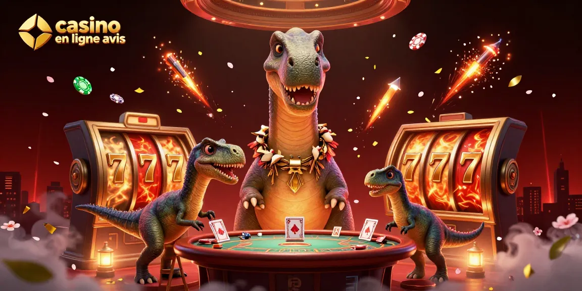 Casino en ligne avis : illustration dynamique 3D d'un brontosaurus et d'un raptor dans un casino.
