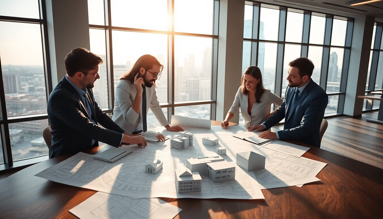 Real Estate Development team analyzing architectural plans in a bright office environment.