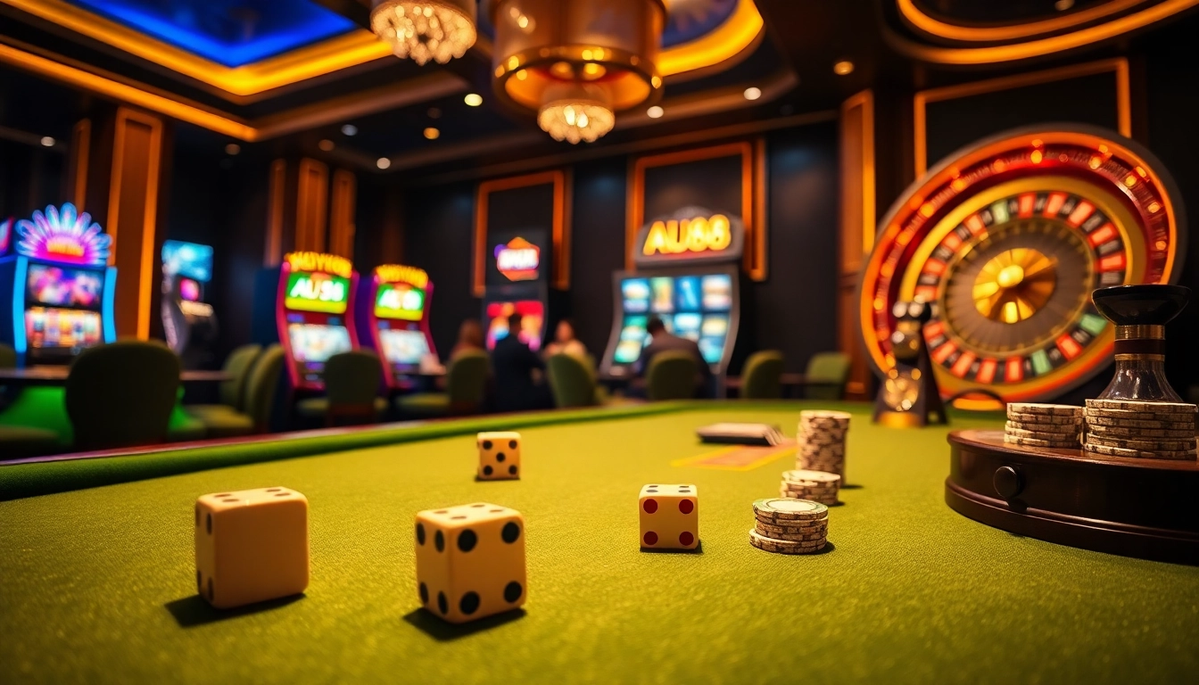 Experience high-stakes excitement at AU88's luxurious casino tables featuring poker and roulette.