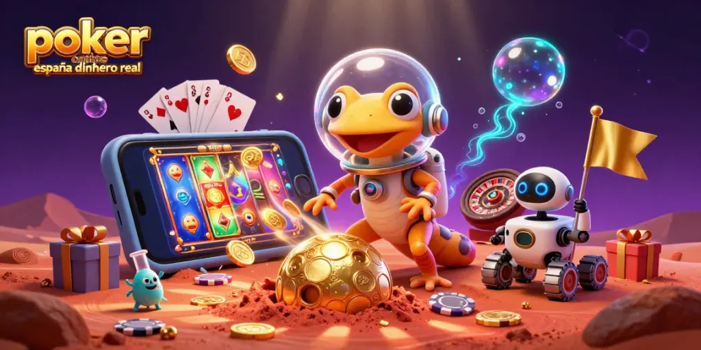 Juega al poker online España dinero real en una escena de casino dorado con personajes divertidos.