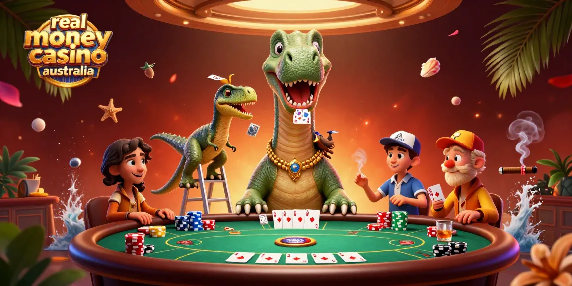 Engage your luck at a real money casino Australia featuring unique dinosaur dealers and vibrant poker action.