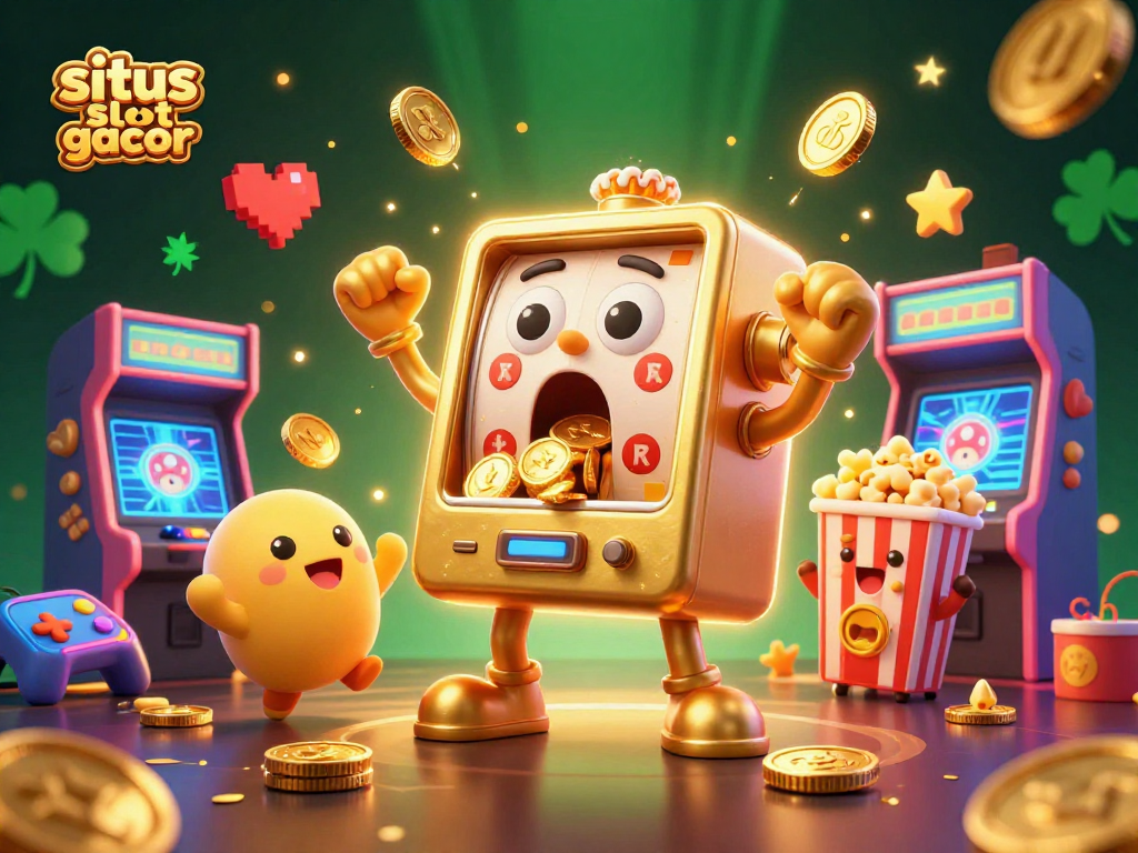 Experience the excitement at situs slot gacor as a golden slot machine hits a jackpot, surrounded by cheering baby slot machines.