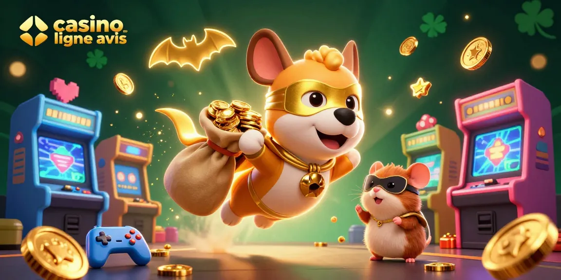 Examinez les jeux passionnants sur un casino en ligne avis avec un chien super-héros et un hamster masqué festoyant parmi les machines.