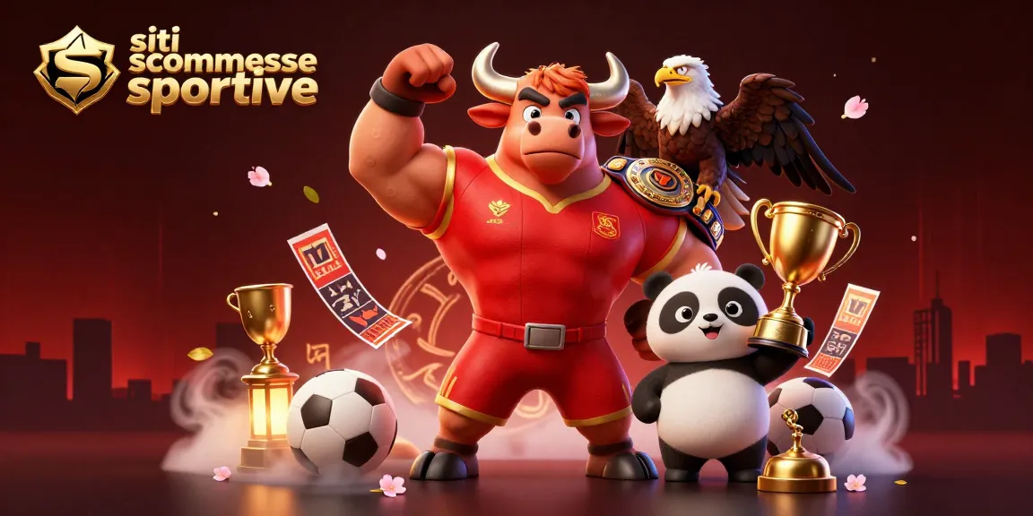 Siti scommesse sportive: il toro mascotte vince mentre un'aquila e un panda celebrano con trofei e palloni.