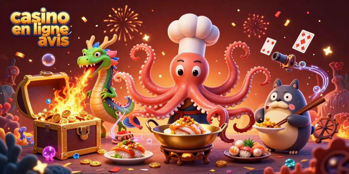 Obtenez des avis sur les casinos en ligne avec une illustration captivante mettant en scène un chef octopus et son dragon.