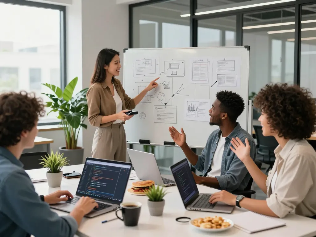 Collaborative tech workspace showcasing innovative brainstorming on AI +18 projects in modern office