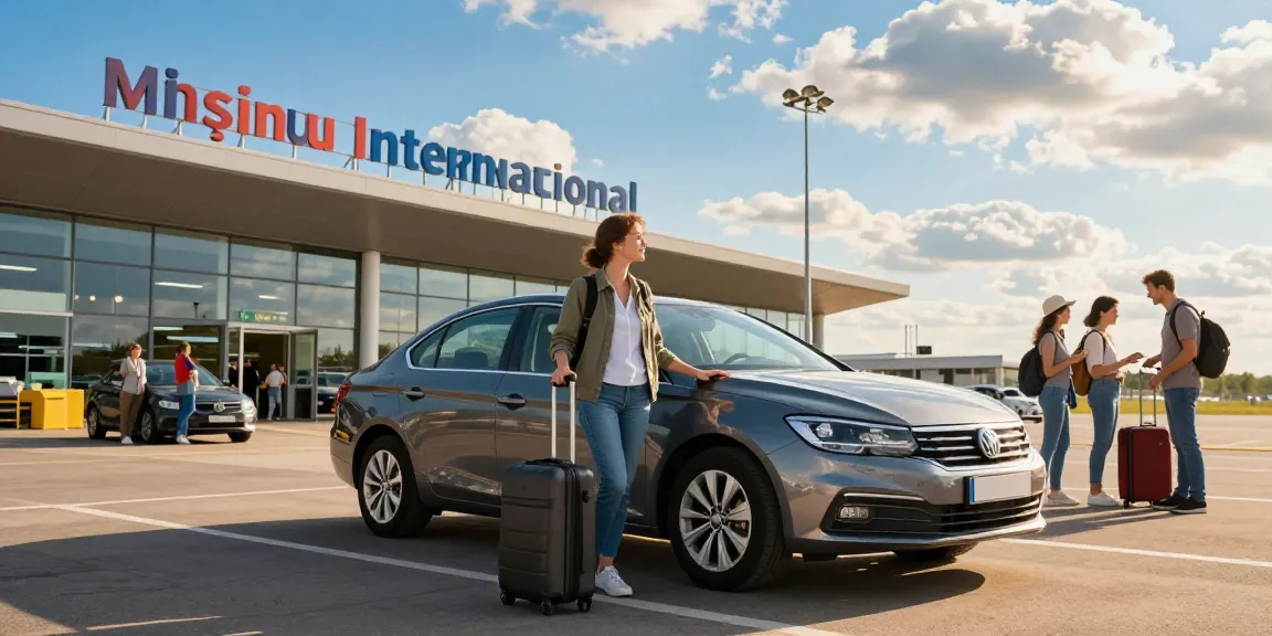 Rent a car Chisinau airport with traveler standing by rental car, ready for adventure.