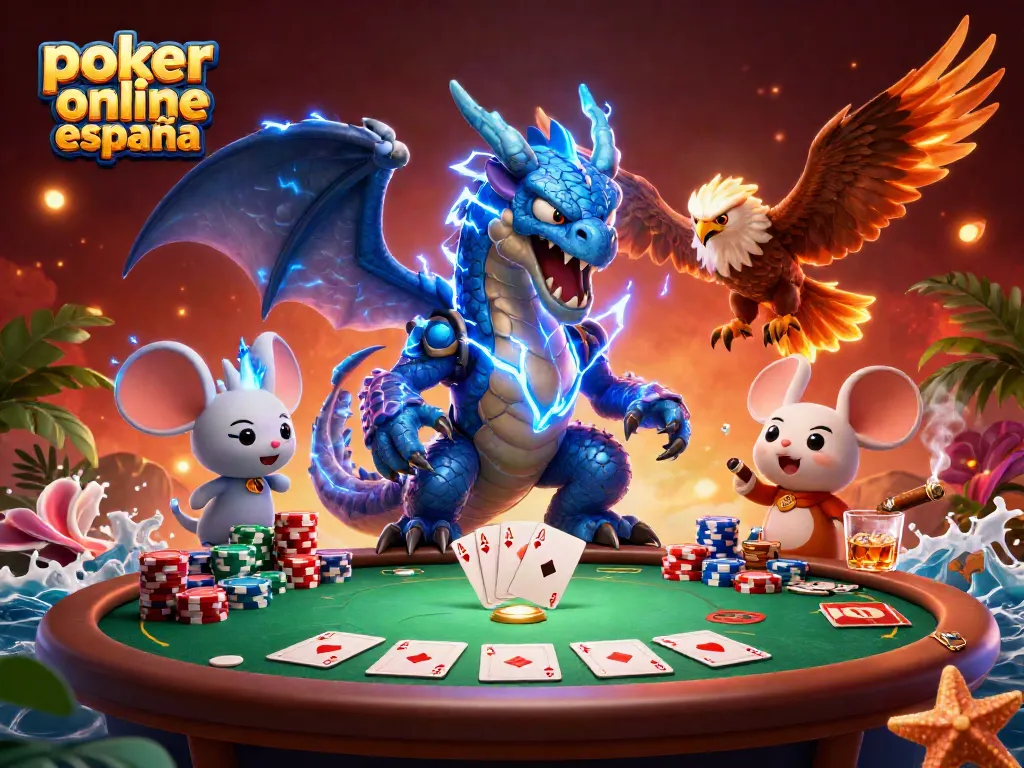 Un emocionante juego de póker online en España con un dragón y un halcón, rodeados de fichas y cartas.