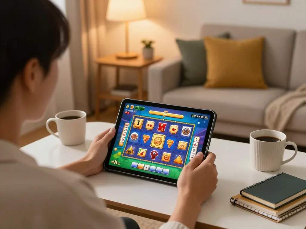 Engaging scene featuring a player enjoying Mahjong Slot on a tablet in a cozy home environment, showcasing strategic gameplay.