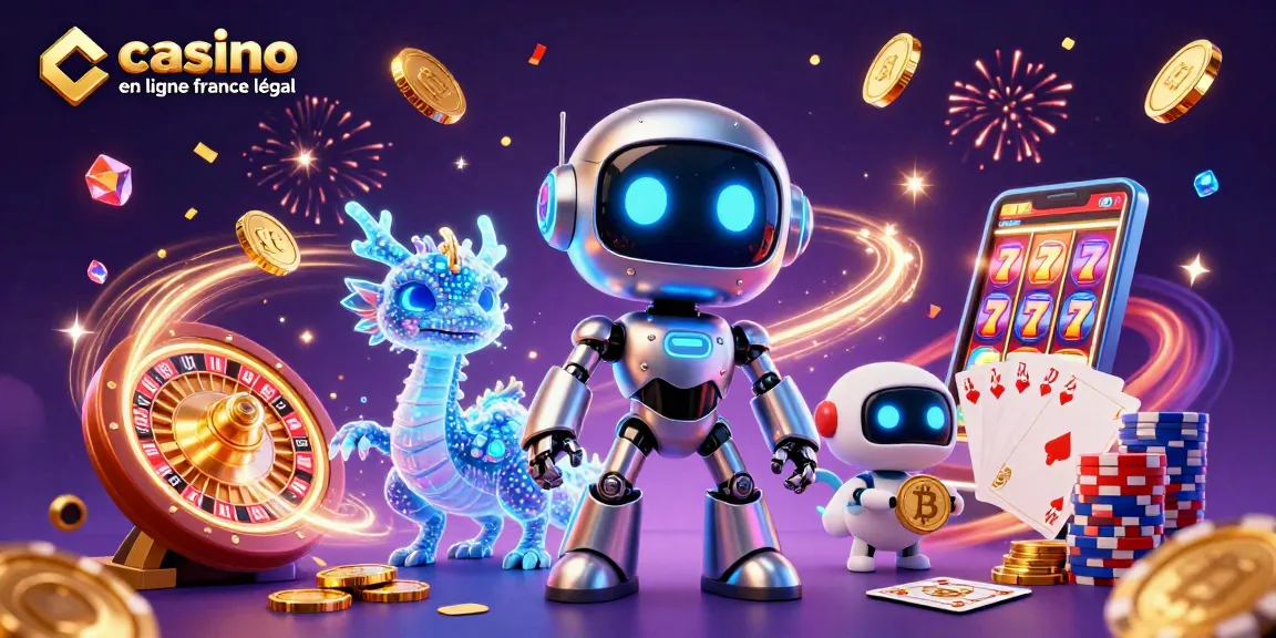 Découvrez le casino en ligne France légal avec une scène dynamique, des personnages 3D futuristes entourés de jeux d'argent.