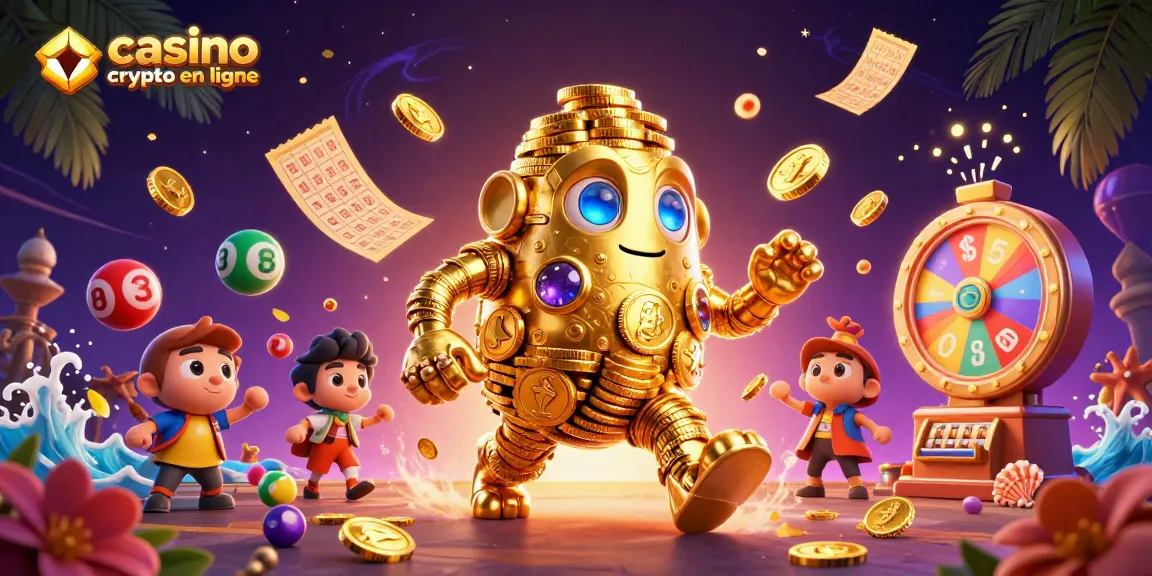Une illustration 3D captivante de casino crypto en ligne avec un golem en or, des boules de loterie colorées et une roulette animée.