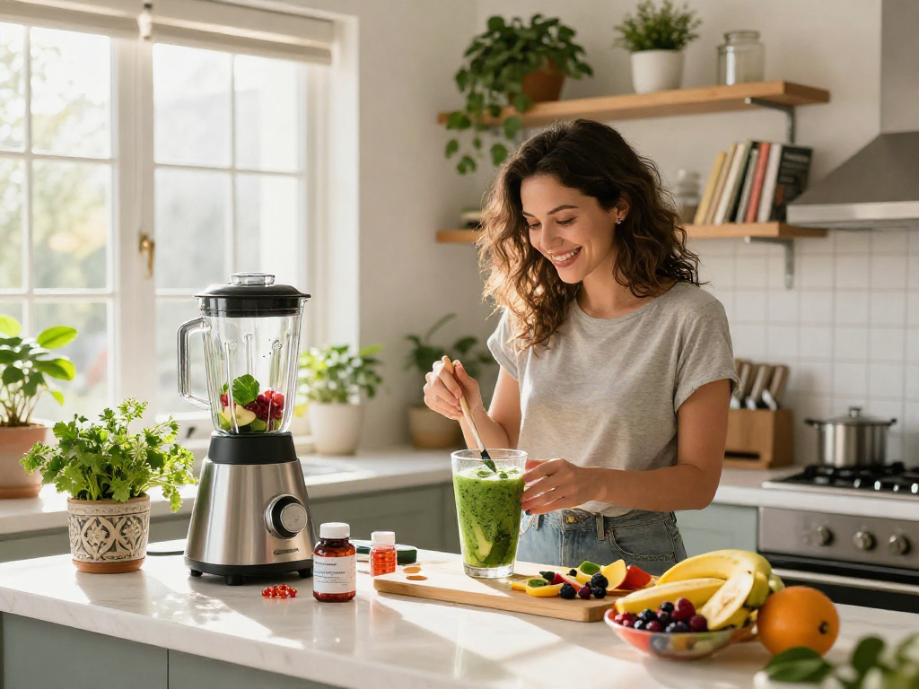 Vegan astaxanthin smoothie preparation in a bright kitchen.