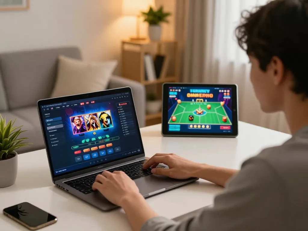 Engaging in เว็บตรงสล็อต gaming at home with a laptop and tablet, showcasing a cozy atmosphere.