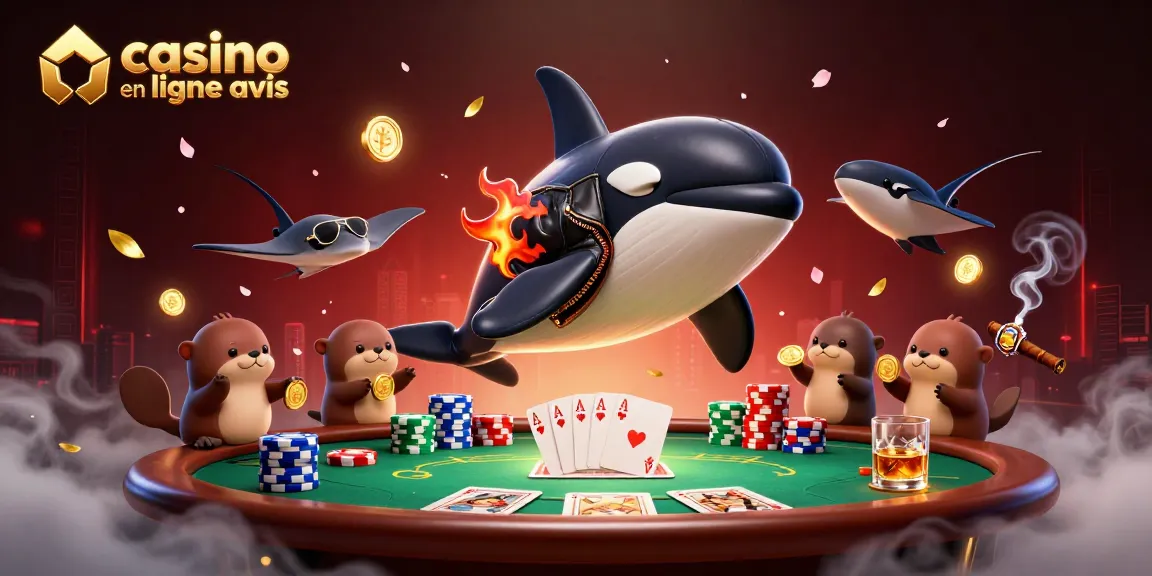 Scène dynamique présentant des personnages de casino en ligne avis, avec une orque en cuir et des loutres flottant sur des pièces d'or.