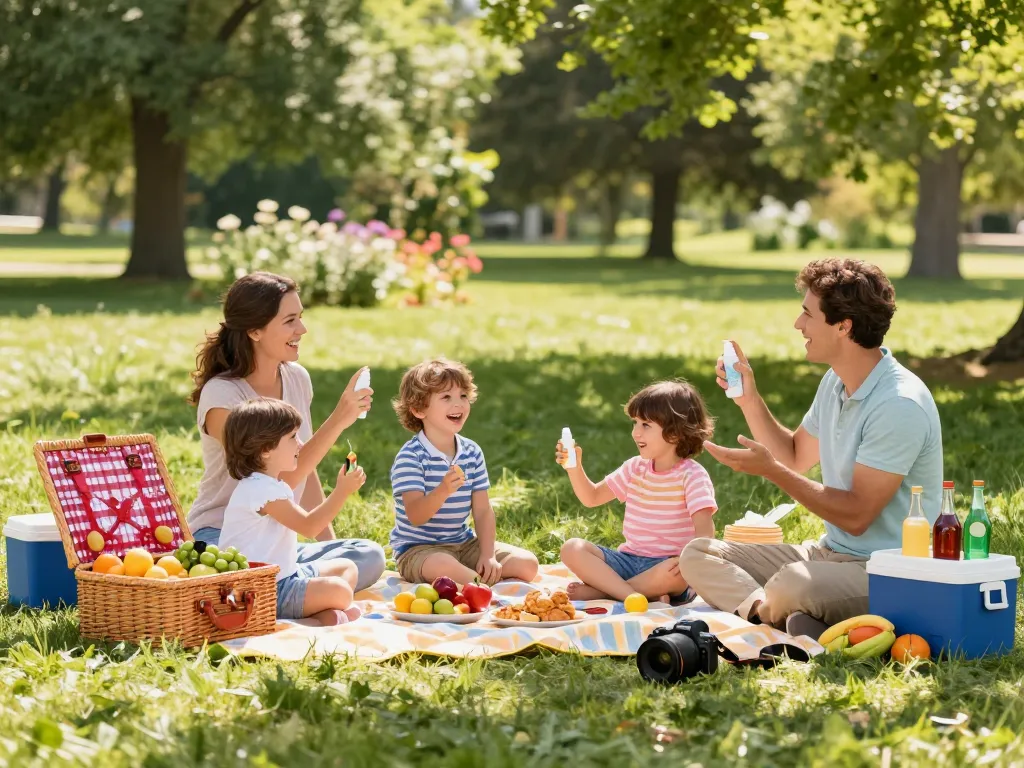 Family enjoying a picnic with mosquito repellent spray outdoors in a sunny park.