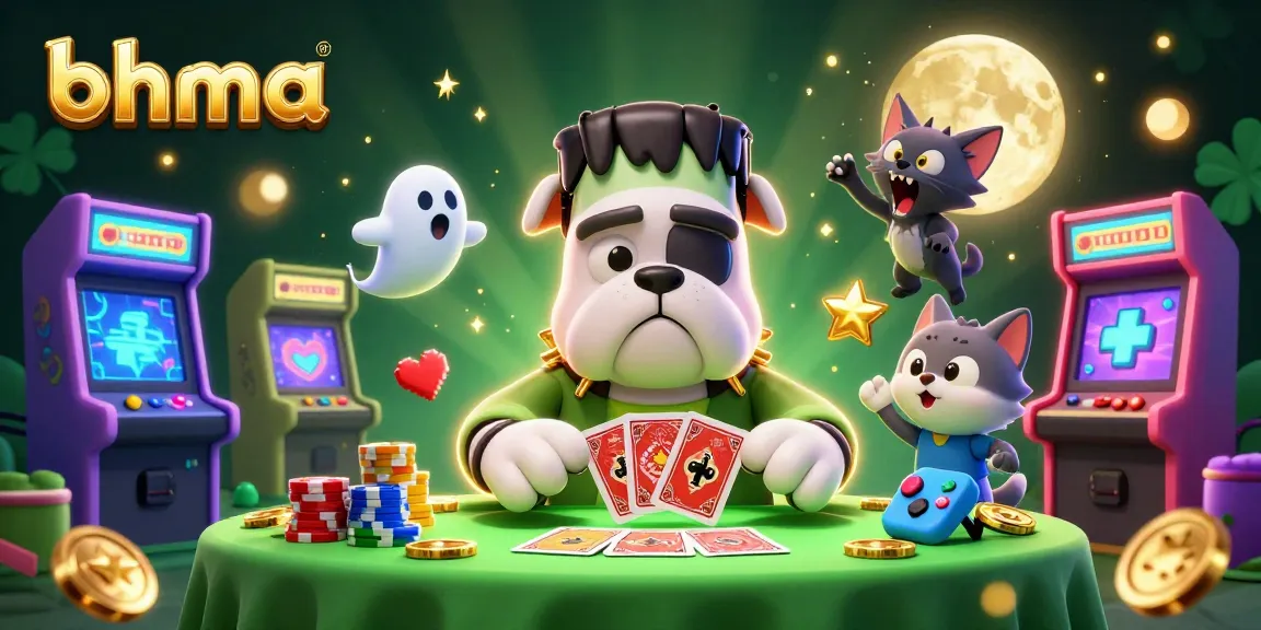 bhma presents a vibrant 3D scene of a Frankenstein bulldog and friends playing cards at a casino.