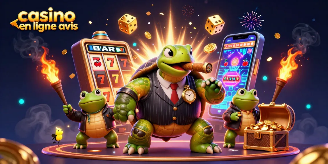 Casino en ligne avis dans une scène colorée de jeux de casino animée avec une tortue et des grenouilles