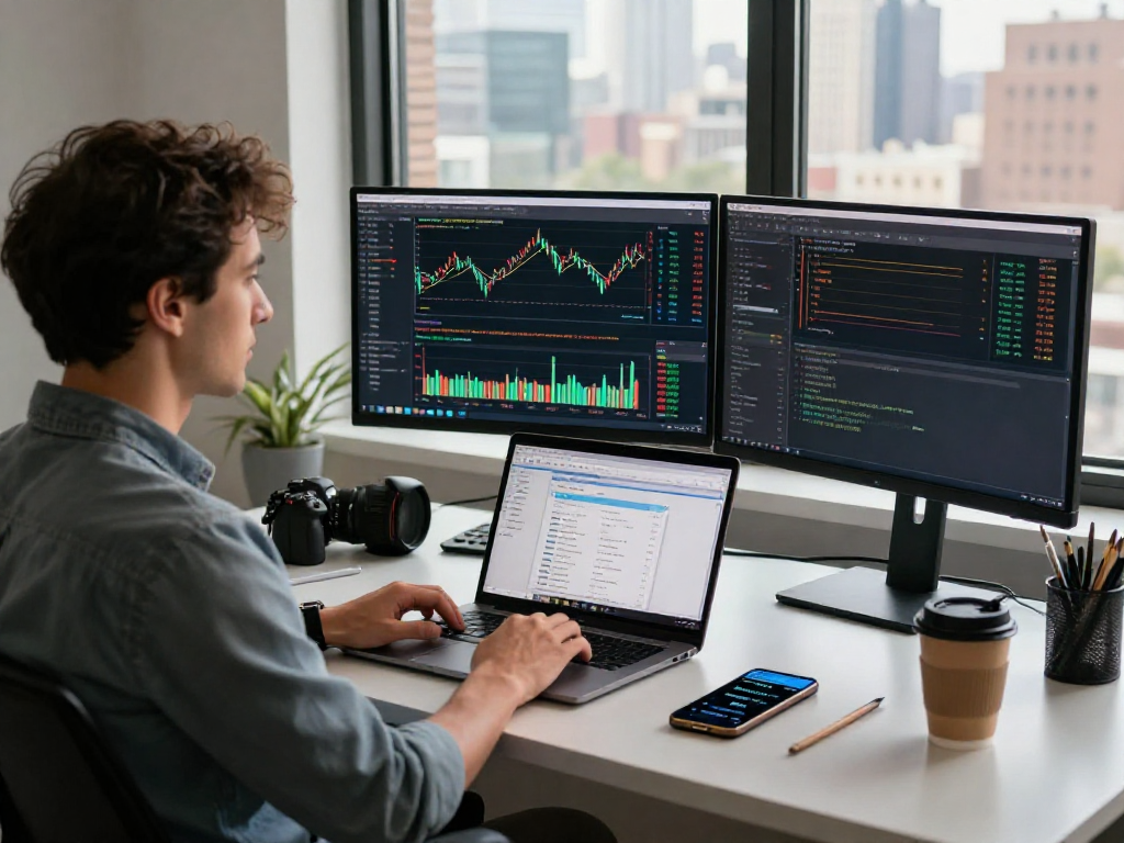 在TradingView官网上展示的交易工作台,交易者使用多显示器显示股票图表。