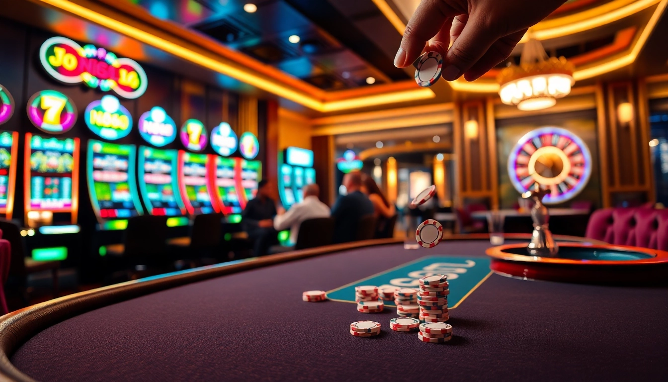 Experience high-stakes gambling excitement at nn888's luxurious casino tables featuring poker chips and vibrant slot machines.