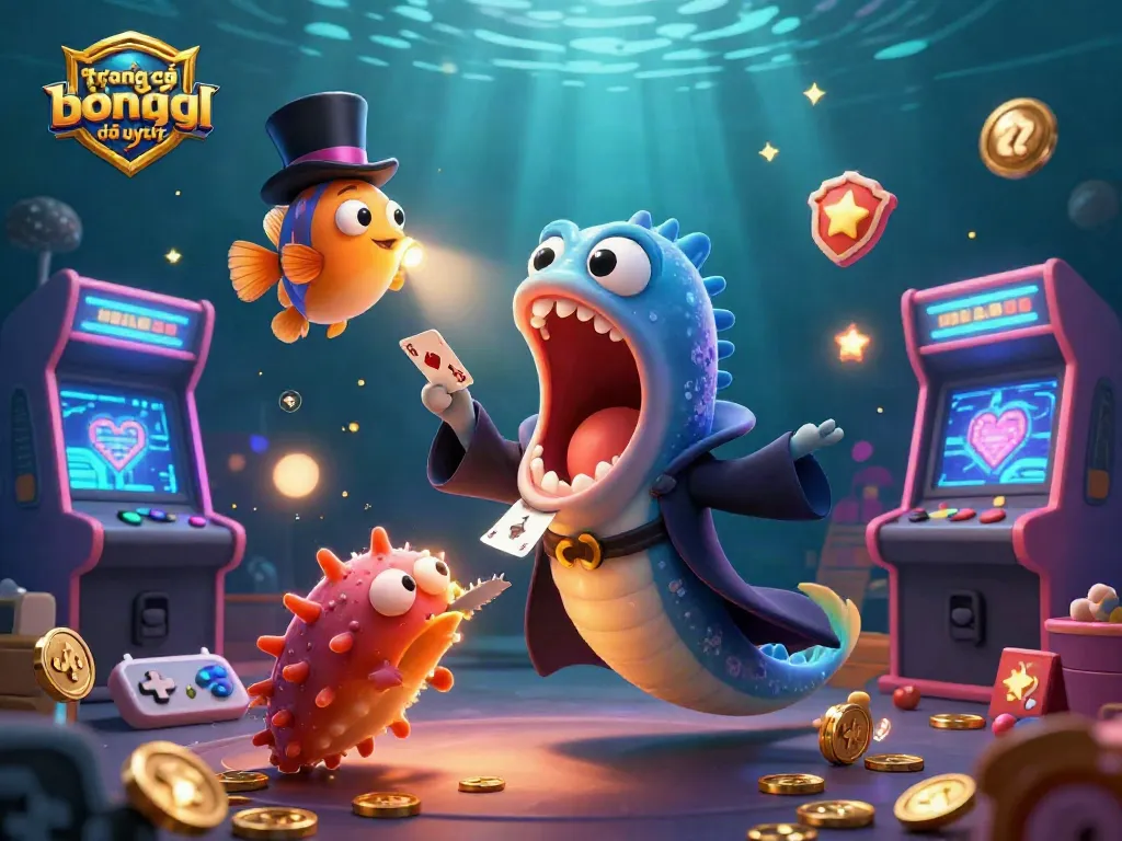 Cá cược bóng đá uy tín, hình ảnh hoạt động sôi nổi với cá sâu thần kỳ và thiết bị chơi game đầy màu sắc.