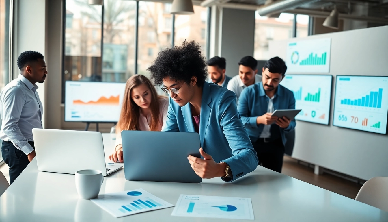 Analyze SEO performance metrics with a professional marketing team in a modern office.