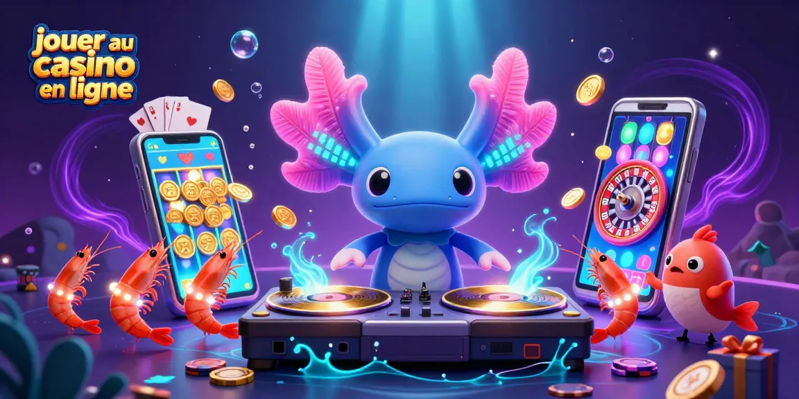 Jouez au casino en ligne avec une illustration vibrante d'axolotl DJ et de créatures marines.