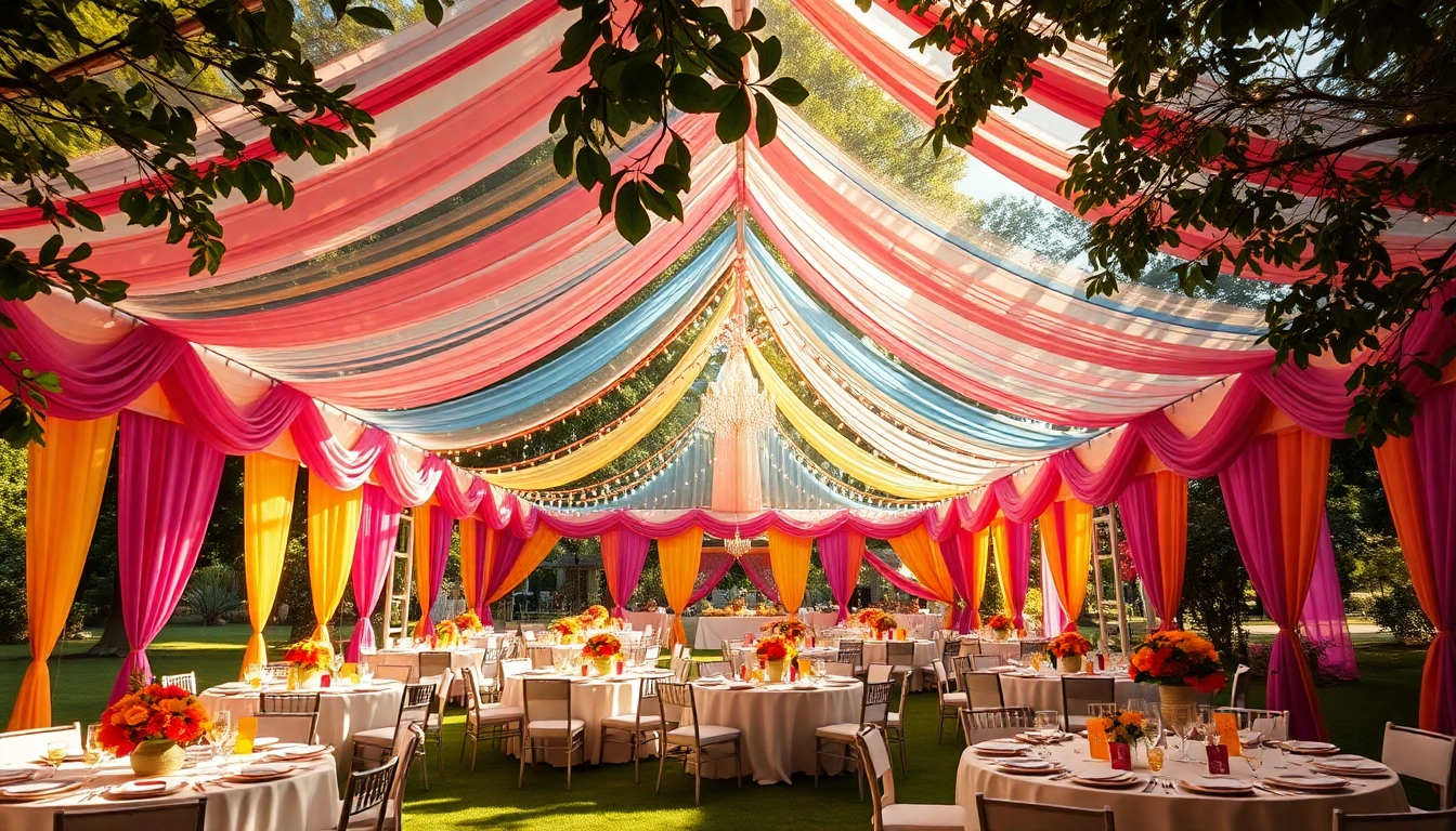 Set up of Party Tent Rentals in a vibrant outdoor setting filled with decorations and sunlight.