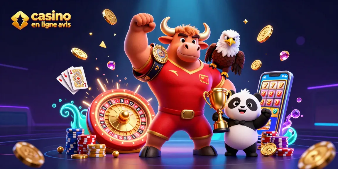 Illustration dynamique avec un taureau, un aigle et un panda dans un casino en ligne avis