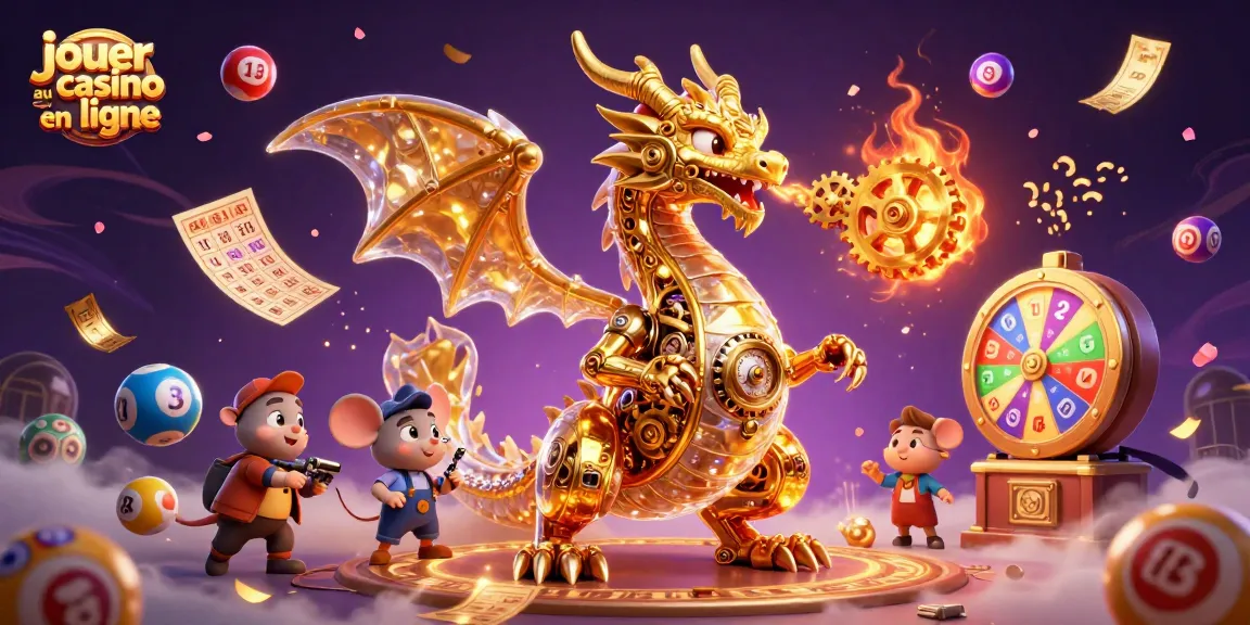Jouer au casino en ligne avec un dragon d'or et des éléments de loterie vibrants dans une scène animée.