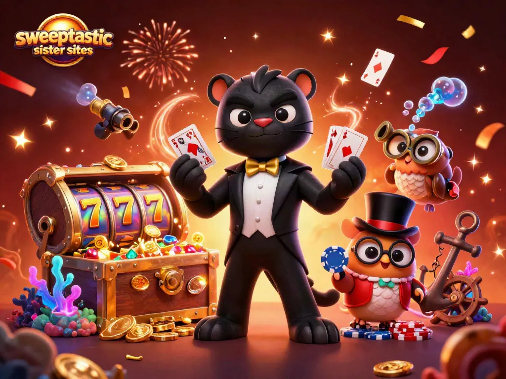 Sweeptastic sister sites showcase a stylish black panther dealing cards with a lucky mouse and owl in a rich casino scene.
