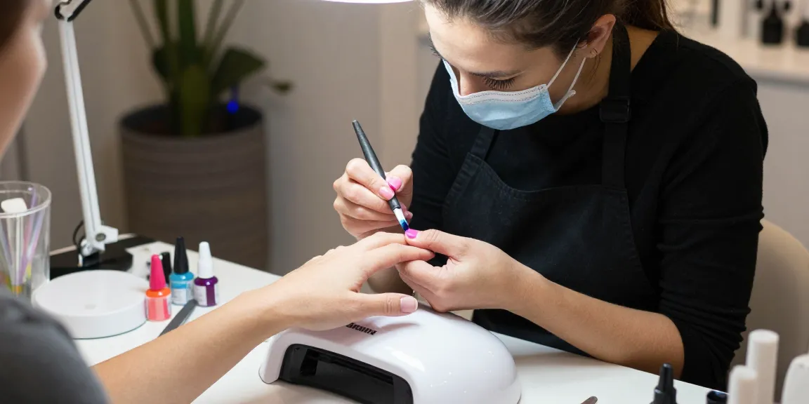 Tehnician aplicând oja semipermanentă într-un salon de înbeautățire modern, cu unelte profesionale.