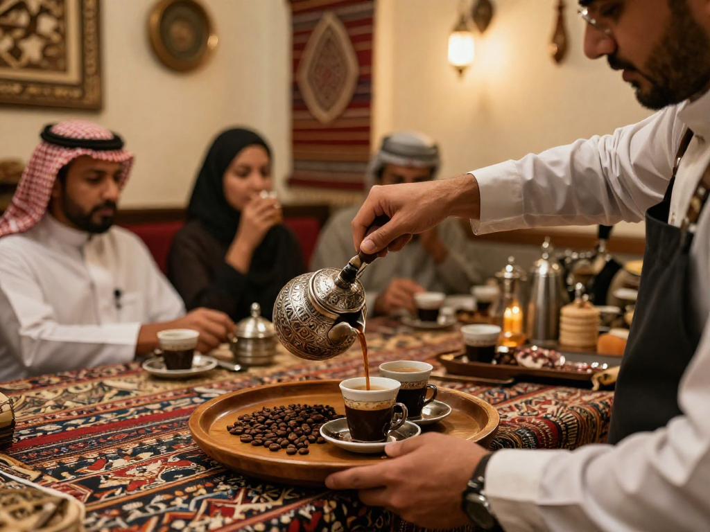 قهوجي الرياض يقدم القهوة العربية مع الأجواء التقليدية الدافئة