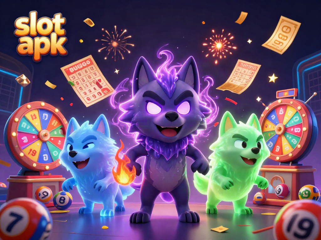 Play thrilling slot apk games with a dynamic scene of ghostly wolves and lottery elements.