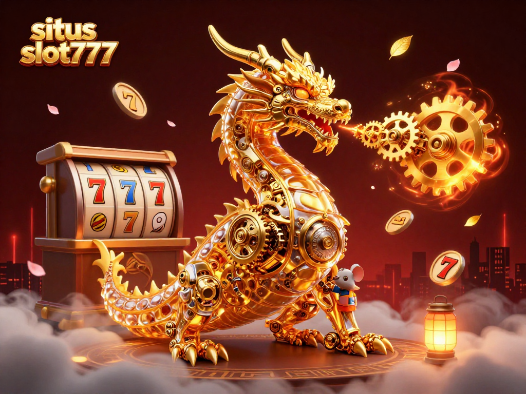 Situs slot777 offers thrilling online slot action with a dynamic 3D casino scene featuring a golden dragon and vibrant elements.