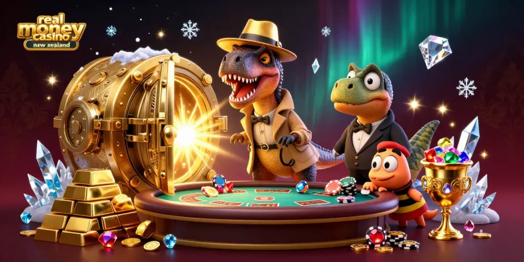 Experience the excitement of a real money casino new zealand with cartoon velociraptor card counters and treasure.