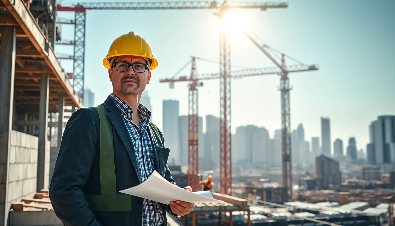 Manhattan construction manager supervising a construction site with cranes and workers efficiently collaborating.