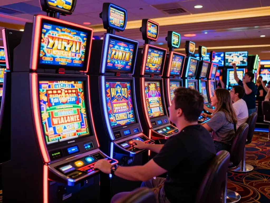 Players engaging with colorful slot777 machines in a lively casino atmosphere, showcasing dynamic gameplay and excitement.