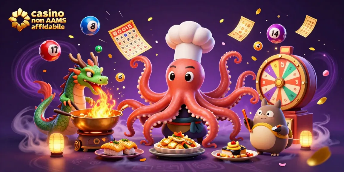 Scopri il casinò non AAMS affidabile attraverso un'illustrazione vivace con un polipo chef e un drago, immersi nel gioco.