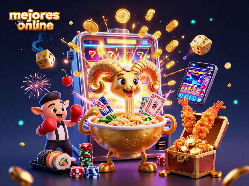 Explora los mejores casinos online con una vibrante ilustración arcade de tragamonedas y personajes llamativos.