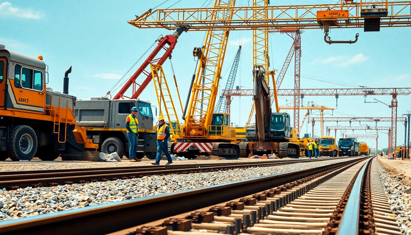 Railroad Contractors actively working at a construction site with heavy machinery.