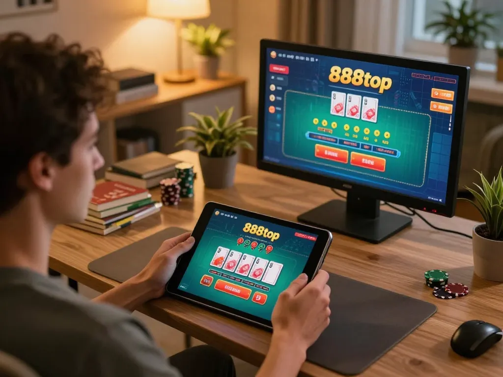 Player engaging in strategic online blackjack game on 888top tablet, showcasing vibrant moment of gambling excitement